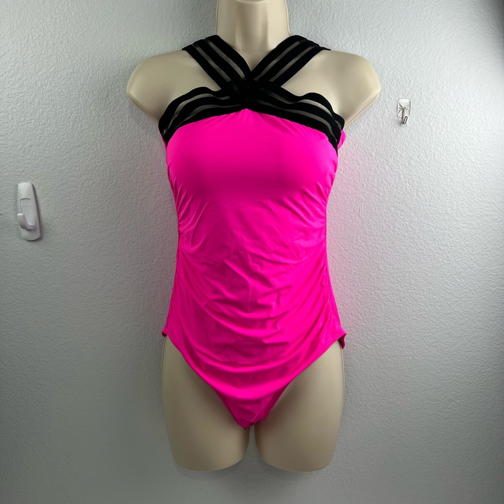 Tempt Me Solid Pink crisscross one piece swimsuit, size M